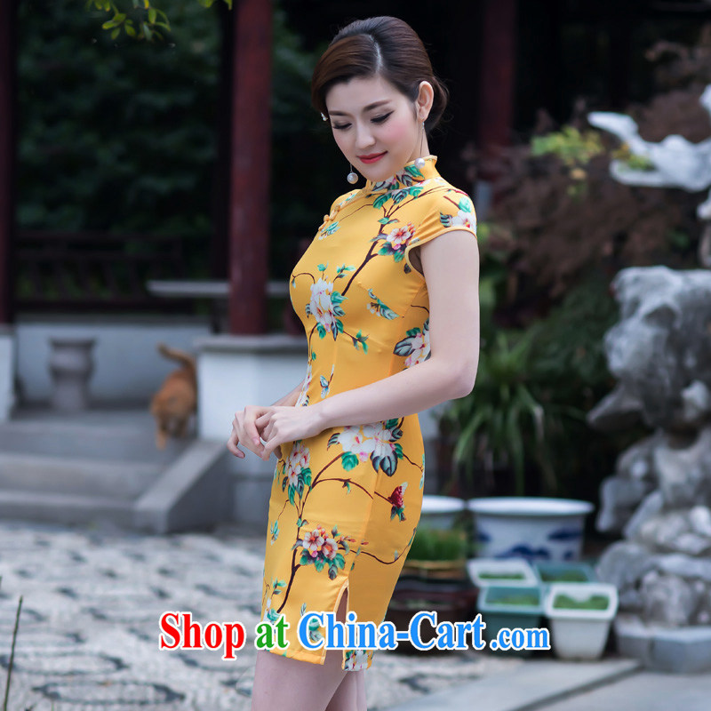 elegant and refined Silk Cheongsam short 2015 new spring and summer beauty China wind cheongsam dress dress Gangnam charm yellow XXL, Taylor Martin (TAILEMARTIN), online shopping
