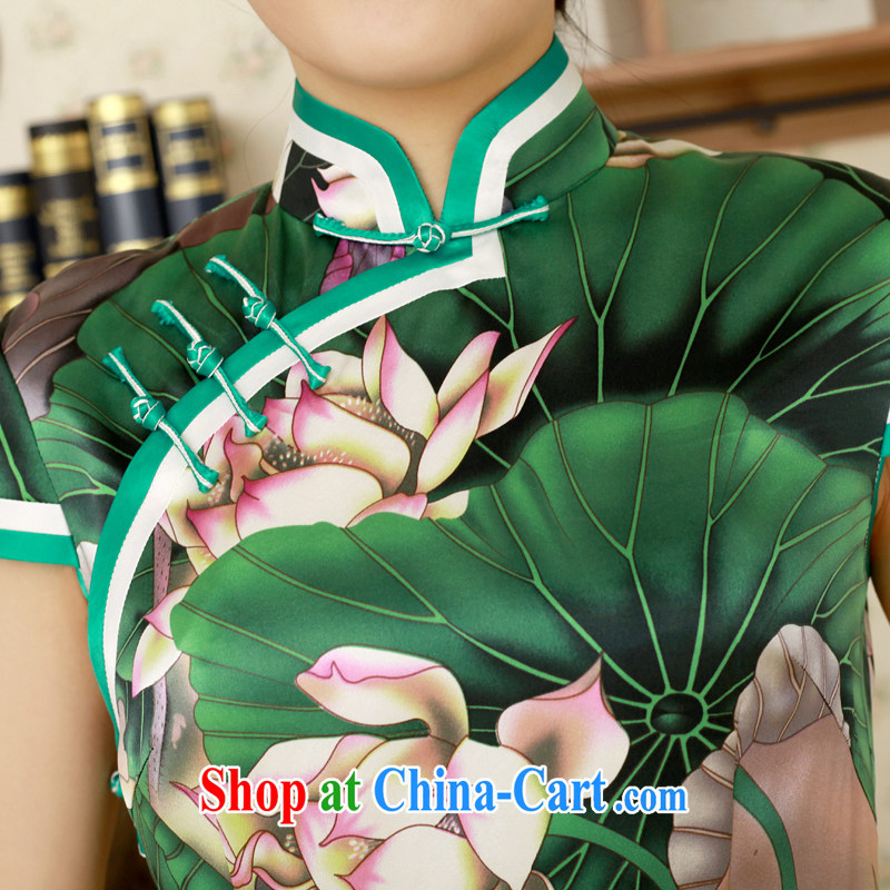 once and for all, new summer dresses, high quality manual cheongsam Green lotus heavy Silk Cheongsam original design custom green tailored 10 Day Shipping, once and for all (EFU), and shopping on the Internet