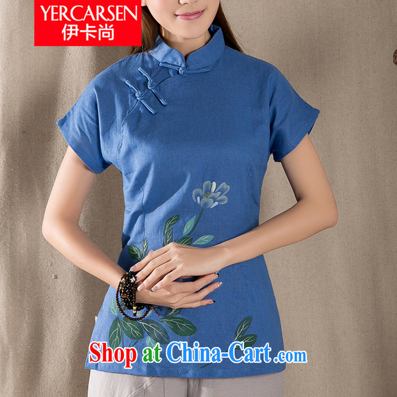 The card is still _YERCARSEN_ 2015 summer female new national short cheongsam shirt retro, cotton for the short-sleeved T-shirt blue XXL