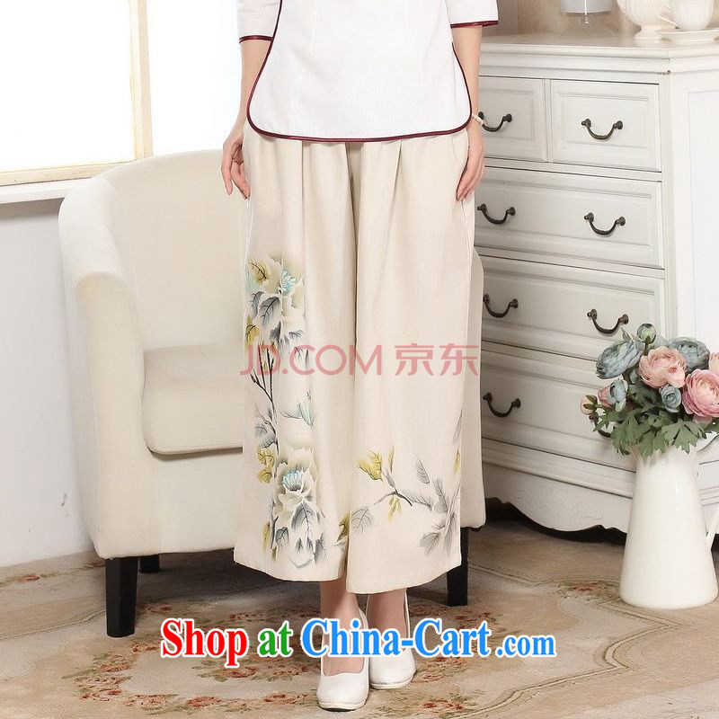Cotton Joseph middle-aged and older children, Trouser Press Trouser press summer wear elastic waist cotton Ma hand-painted Tang pants MOM pants 9 pants ethnic wind widening and trouser press M yellow L, Joseph cotton, shopping on the Internet