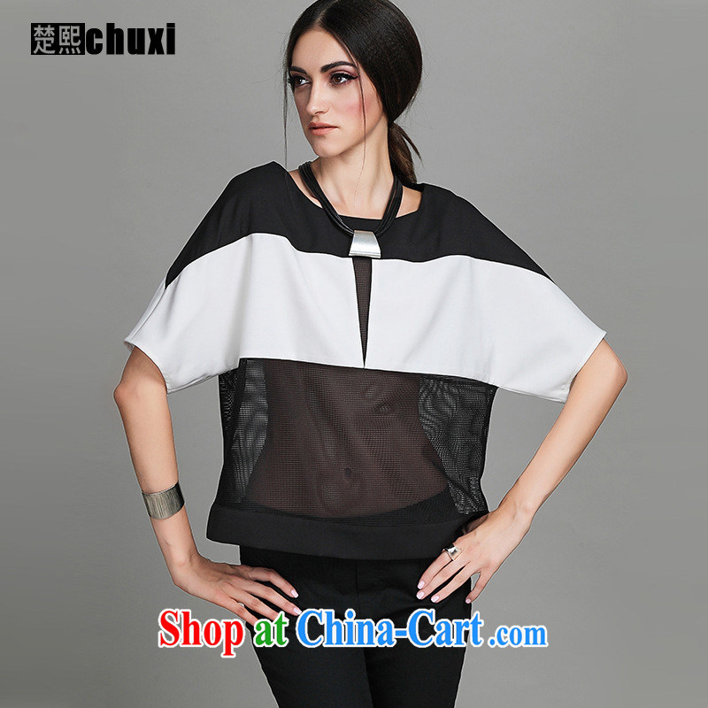 Close deals with clothing _ spring and summer new Europe and the liberal, female black-and-white stitching round-collar-Openwork fluoro short-sleeve T-shirt shirt female white L