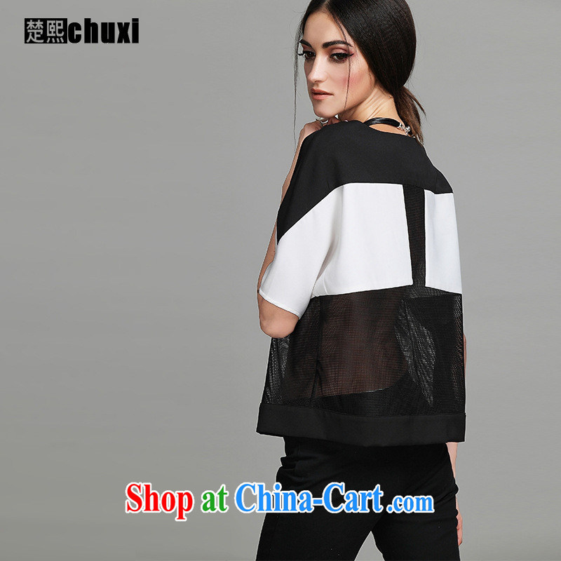 Close deals with clothing * spring and summer new Europe and the liberal, female black-and-white stitching round-collar-Openwork fluoro short sleeve T-shirt tide T female white L, blue rain bow, and shopping on the Internet