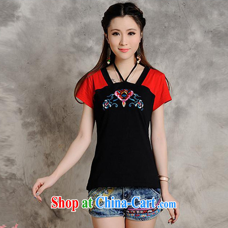 Black butterfly women's clothing spring and summer new Ethnic Wind female embroidery flower retro short-sleeved shirt T women 9210 black 2 XL, A . J . BB, shopping on the Internet