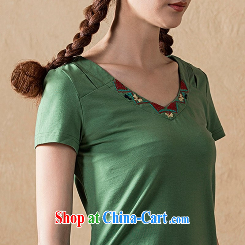 Black butterfly girl with 2015 summer new literary and artistic embroidery take short-sleeved V collar cotton shirt T female 862 green XL, A . J . BB, and shopping on the Internet