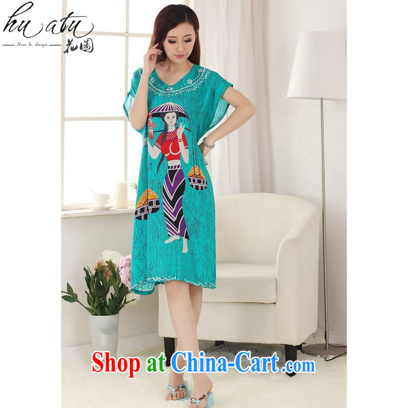 Take the Tang Women's clothes summer new short-sleeved dresses hand-painted Women's pajamas pure cotton loose-bathrobe girl - A green, code, spend figure, shopping on the Internet