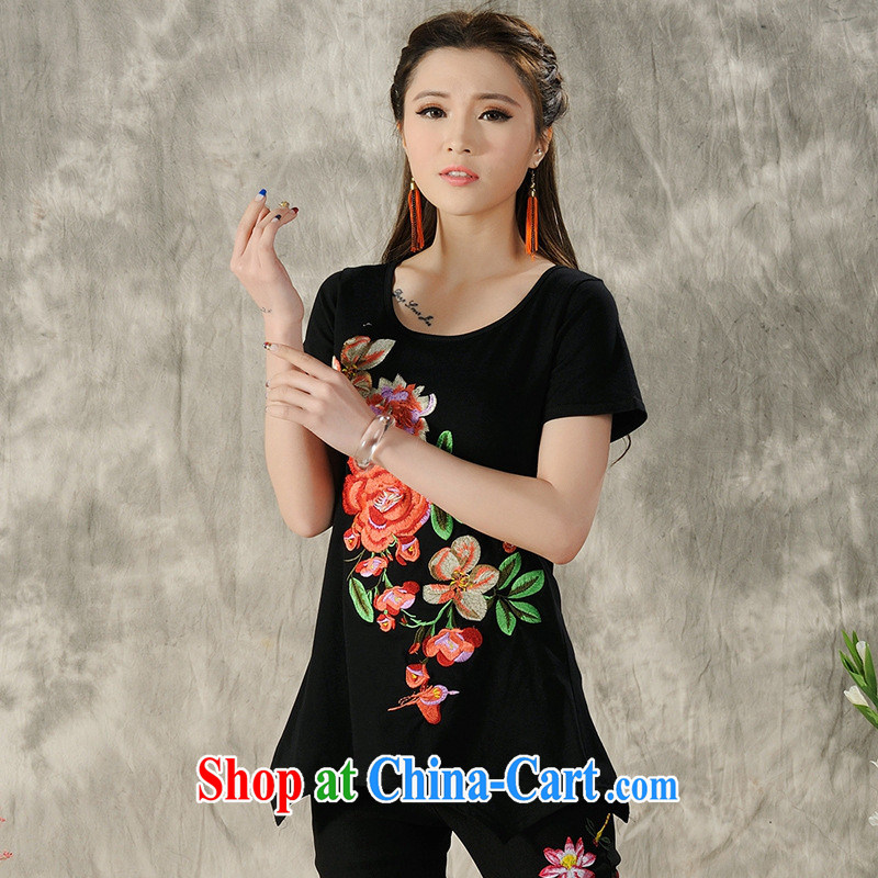 Black butterfly ladies' 2015 spring and summer new ethnic wind embroidered cultivating short-sleeve shirt T female A 487 black 3 XL, A . J . BB, shopping on the Internet
