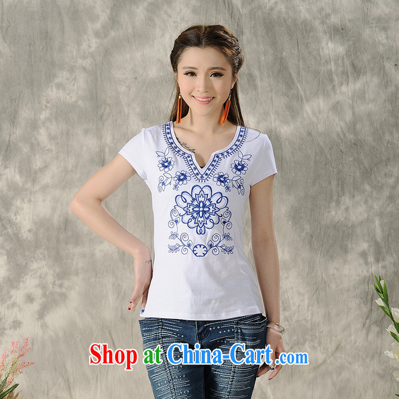Black Butterfly Spring and Summer female new Ethnic Wind blue and white porcelain embroidered short sleeves shirt T female A 484 white 2XL, A . J . BB, shopping on the Internet