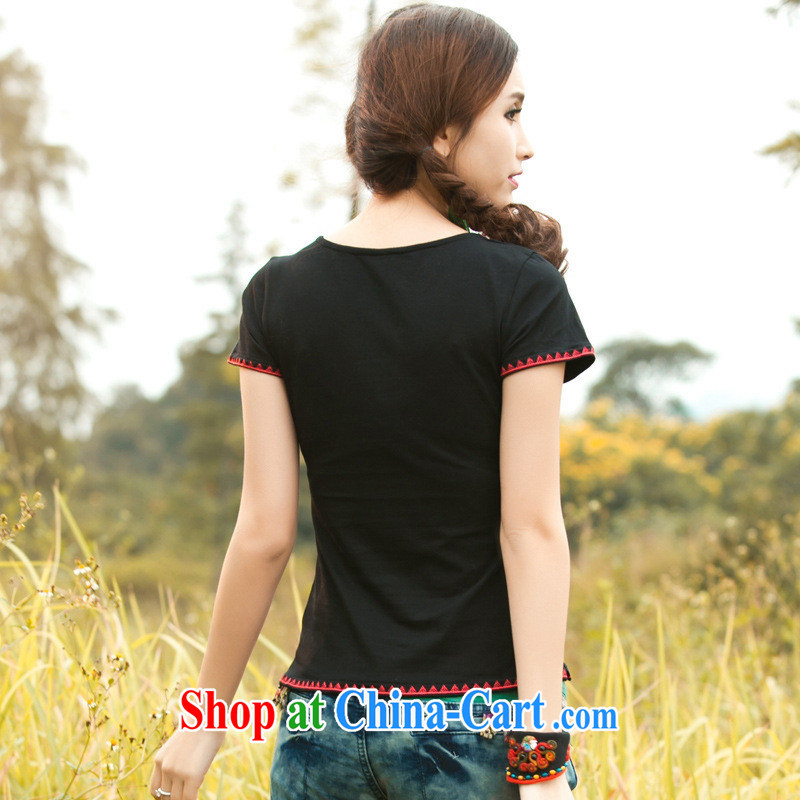 Black butterfly new, larger female Ethnic Wind round-neck collar three-dimensional embroidered cotton short-sleeved T shirt T-shirt women 7887 black 3 XL, A . J . BB, shopping on the Internet