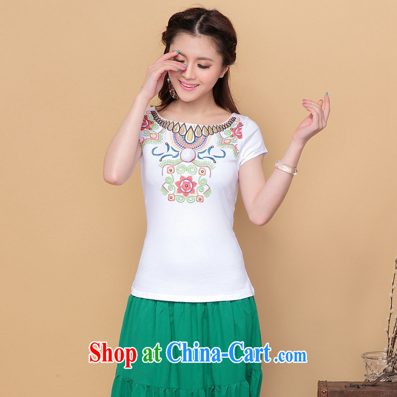 Black butterfly summer new ethnic wind women embroidered a field short-sleeved round neck shirt T A 119 white XXL, A . J . BB, shopping on the Internet