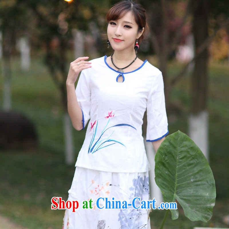 Black butterfly girls spring and summer new ethnic wind cotton the embroidery flower cuff T pension women 9097 white XXL, A . J . BB, and shopping on the Internet