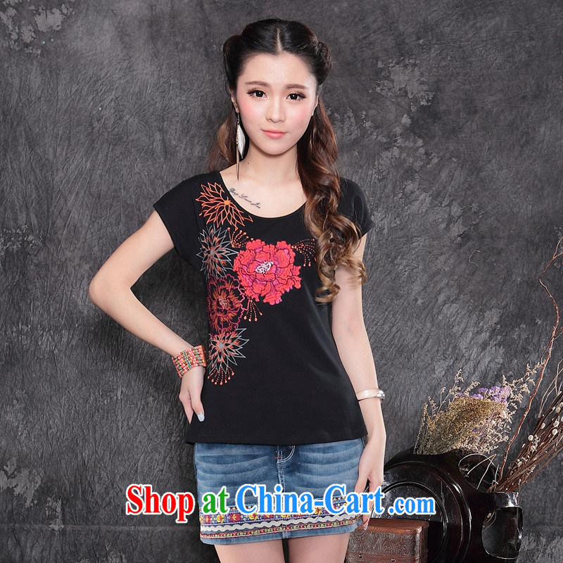 Black butterfly girl with 2015 summer new ethnic wind female stamp round-collar short-sleeve shirt T cotton A 161 black XXL