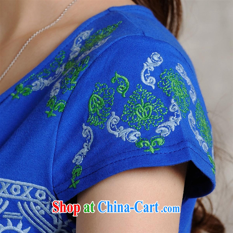 Black butterfly female spring and summer new ethnic wind embroidered cultivating short-sleeved shirt T women 9216 blue 2 XL, A . J . BB, shopping on the Internet