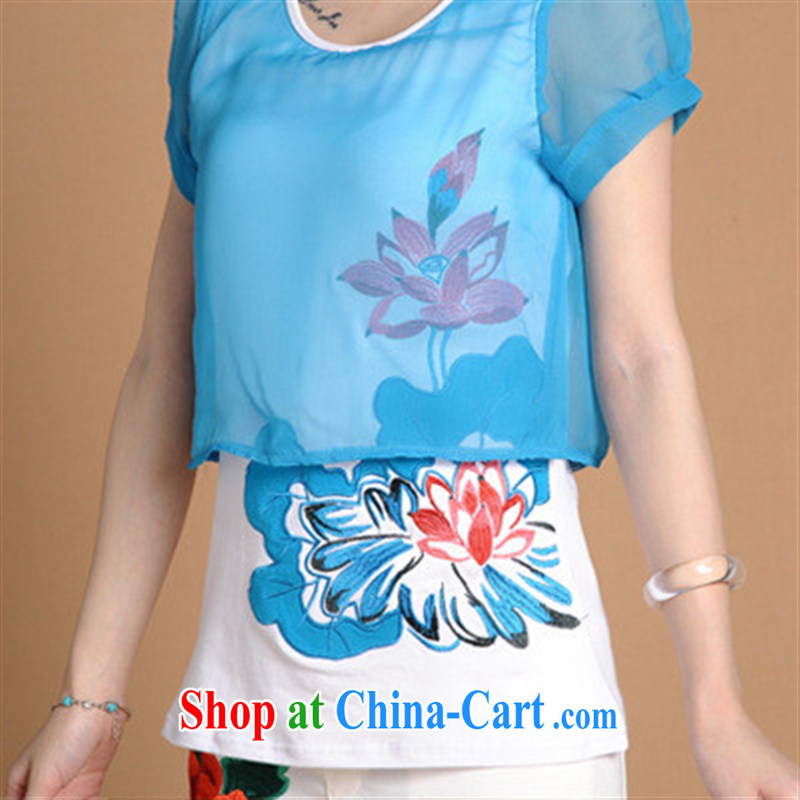 Black butterfly girls 2015 new spring and summer female ethnic wind embroidered leave of two short-sleeved shirt T girls cotton 6680 blue XXL, A . J . BB, shopping on the Internet