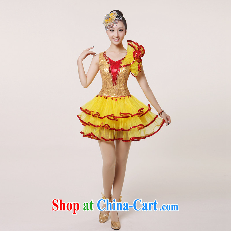 2015 new, modern dance Latin Dance Show Dance clothing Girls show their dance costumes yangko dance partner dance clothing fan blades, as well as modern dance costume yellow XXL, diffuse Connie married clothing, and shopping on the Internet