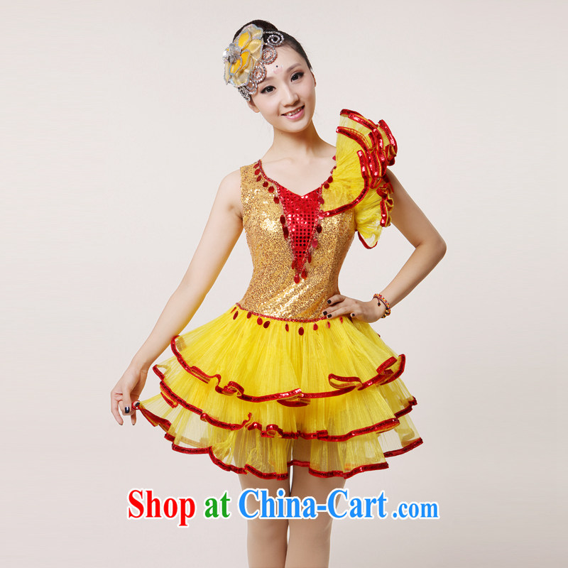2015 new, modern dance Latin Dance Show Dance clothing Girls show their dance costumes yangko dance partner dance clothing fan blades, as well as modern dance costume yellow XXL, diffuse Connie married clothing, and shopping on the Internet