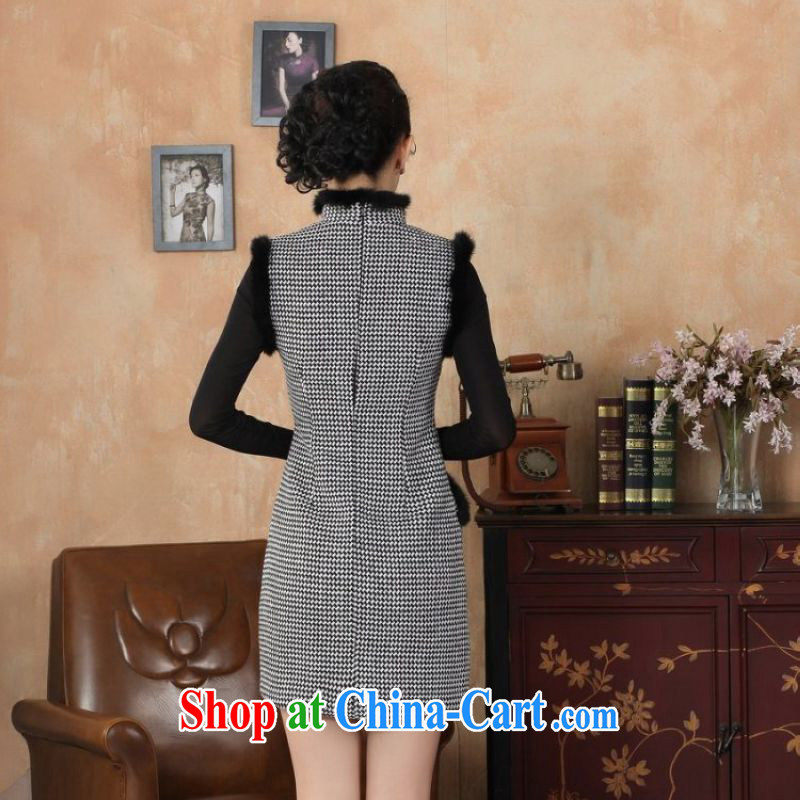 The frequency response, Ms. Tang cheongsam with autumn and winter clothes new retro improved tartan wool? rabbit hair collar cheongsam white 2XL