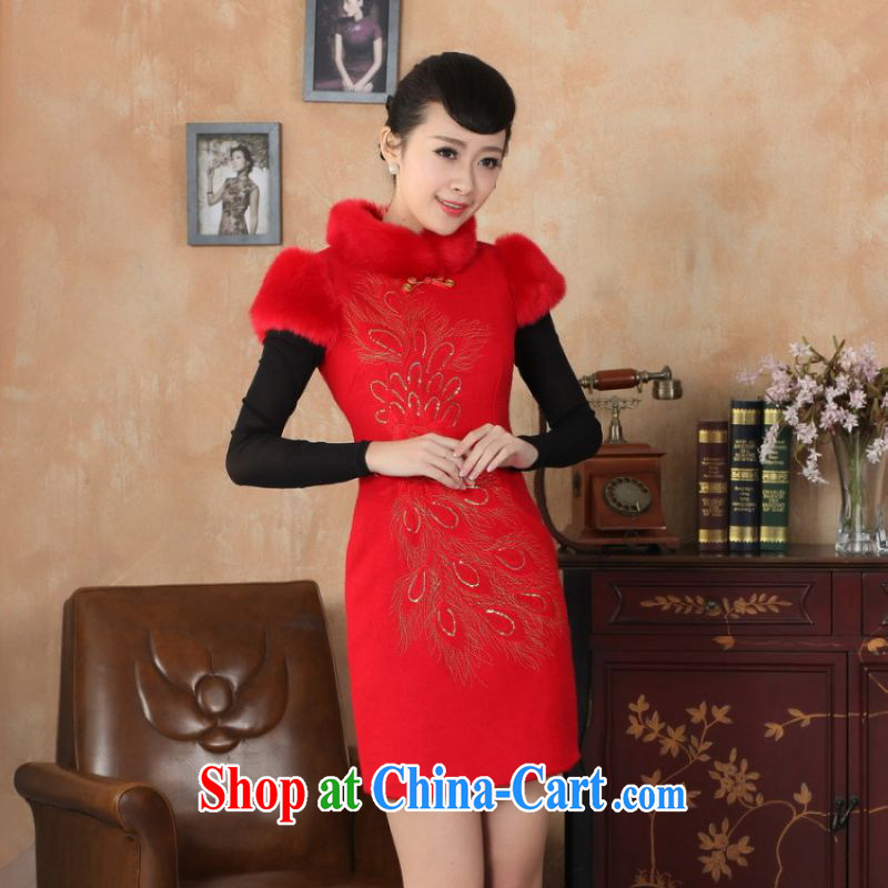 The frequency response, Ms. Tang cheongsam with autumn and winter clothes new retro improved wool that rabbit hair collar embroidery cheongsam red 2 XL, the bandwidth, and shopping on the Internet