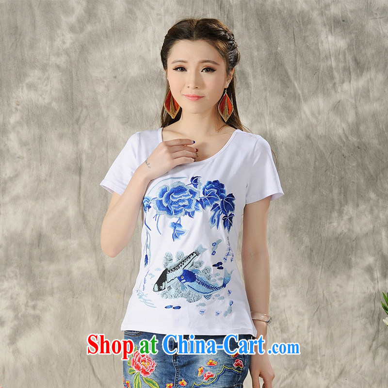 Black butterfly ladies' 2015 spring and summer new ethnic wind embroidered short sleeves shirt T female A 605 white 4XL, A . J . BB, shopping on the Internet