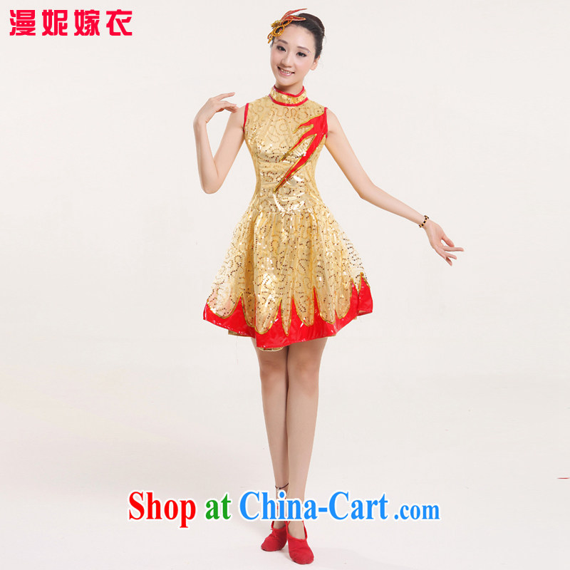 2015 new, modern dance folk dance costumes show apparel short skirts and stylish stage, female square dance clothing gold XXL