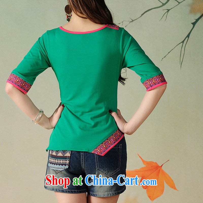 Black butterfly ladies' 2015 summer new ethnic wind embroidered V collar cuff T shirts girls cotton 7883 green 3 XL, A . J . BB, and shopping on the Internet