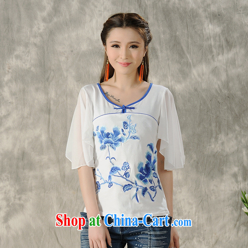 Black butterfly larger women summer new ethnic wind embroidered stitching fly cuff short sleeves shirt T A 496 white 4XL, A . J . BB, shopping on the Internet