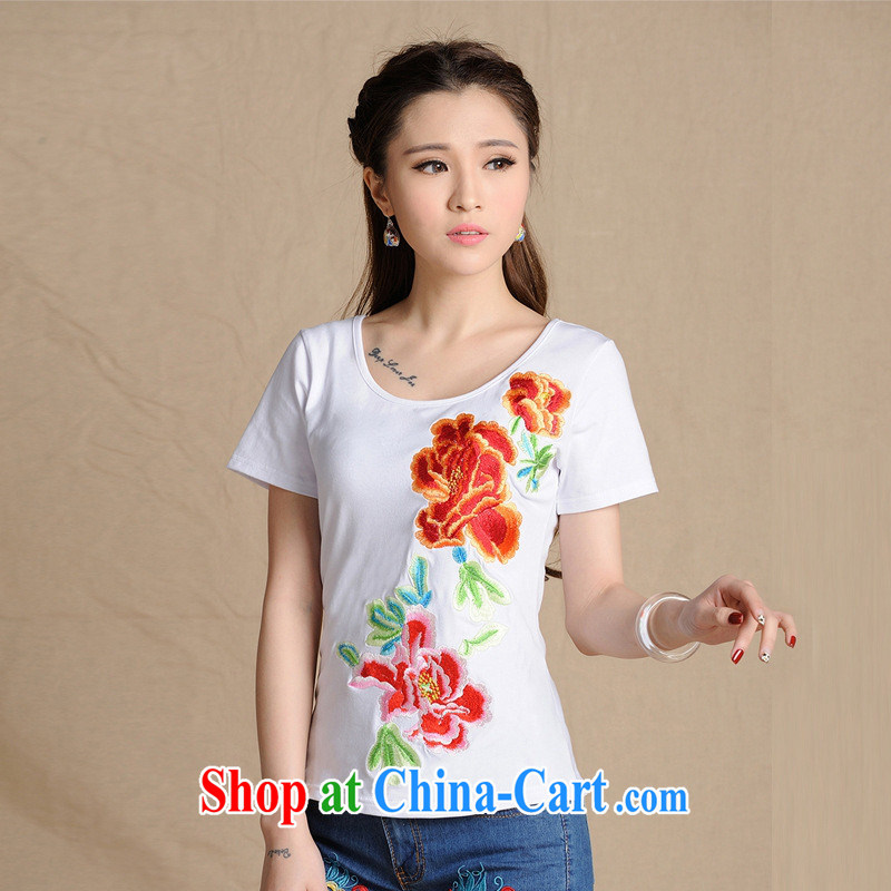 Black butterfly ladies' 2015 summer new ethnic wind embroidered round-collar short-sleeve shirt T female A 201 white 2XL