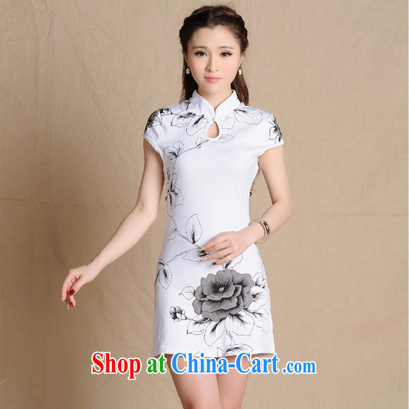 Black butterfly dress 2015 spring and summer new national Feng Shui ink stamp cultivating cheongsam dress cotton 6907 white 2XL