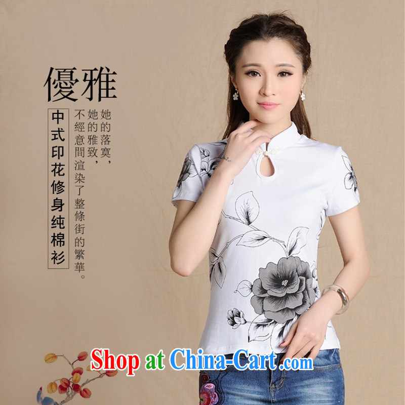 Black butterfly women 2015 spring and summer new cotton cultivating water and ink stamp short sleeve shirt T women 6908 white 2XL