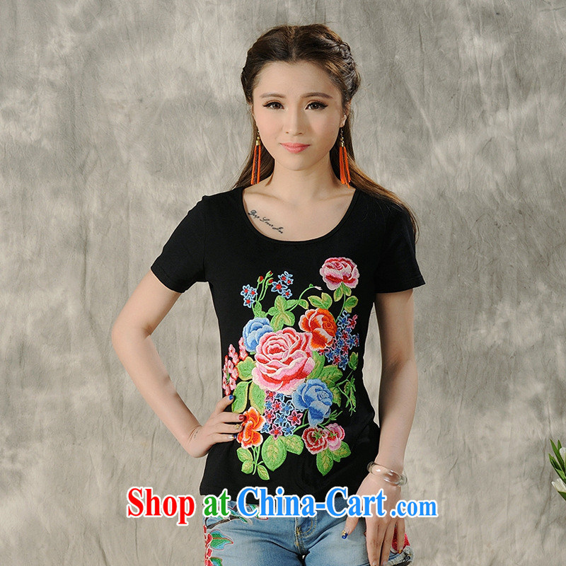 Black butterfly ladies' 2015 spring and summer women with new, larger Ethnic Wind embroidered short sleeves shirt T female A 490 black 2 XL, A . J . BB, shopping on the Internet