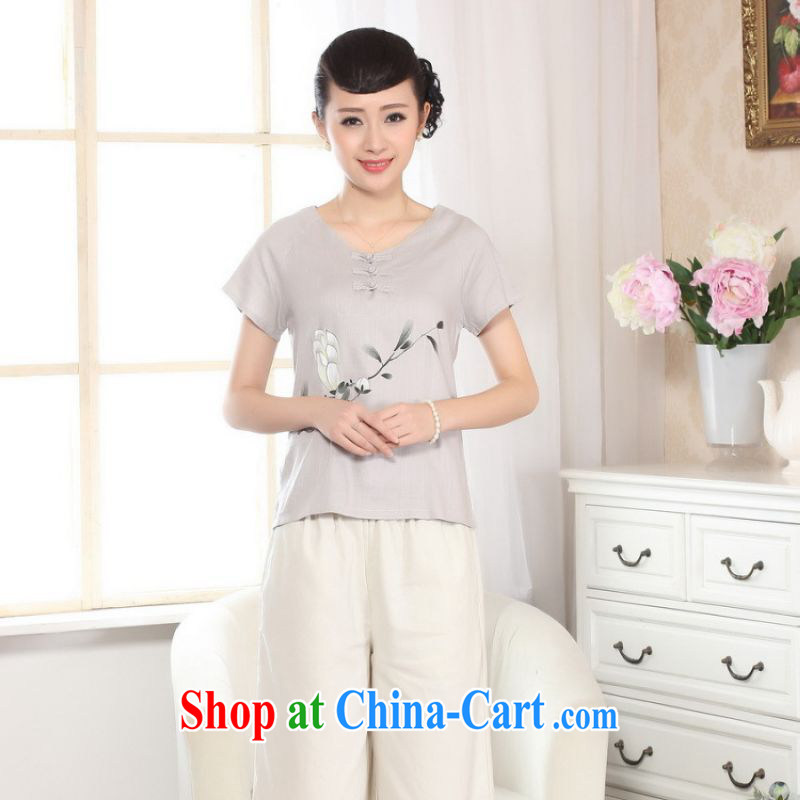The frequency response, Ms. Tang Women's clothes summer T-shirt short-sleeved cotton Ma hand-painted shirt ethnic wind women A gray 2 XL