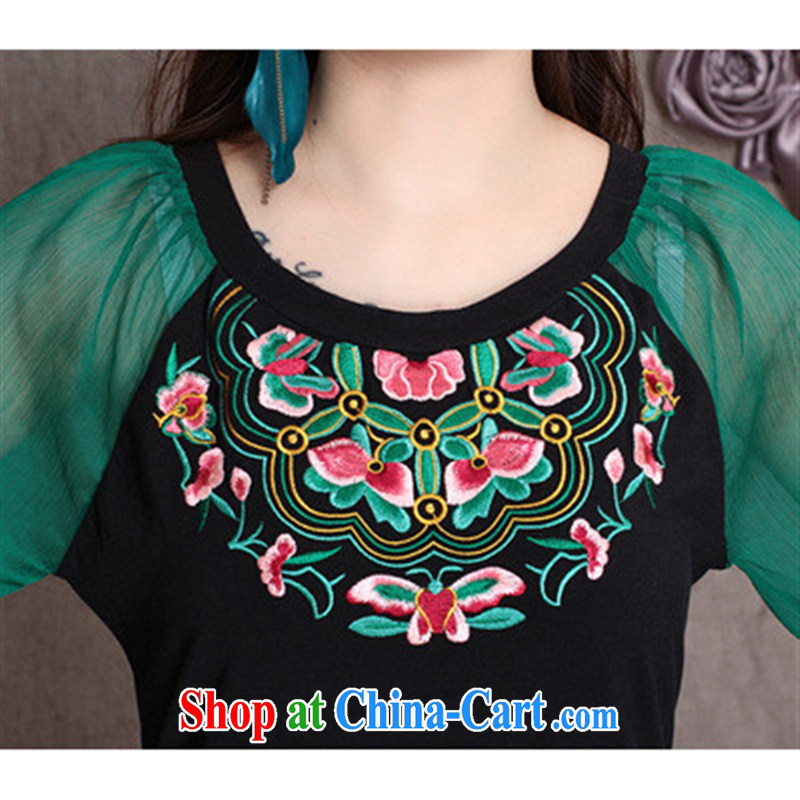 Black butterfly Ethnic Wind summer new embroidery hit-color beauty round-collar T-shirt 7 the lantern sleeve dress 6523 white XXL, A . J . BB, shopping on the Internet