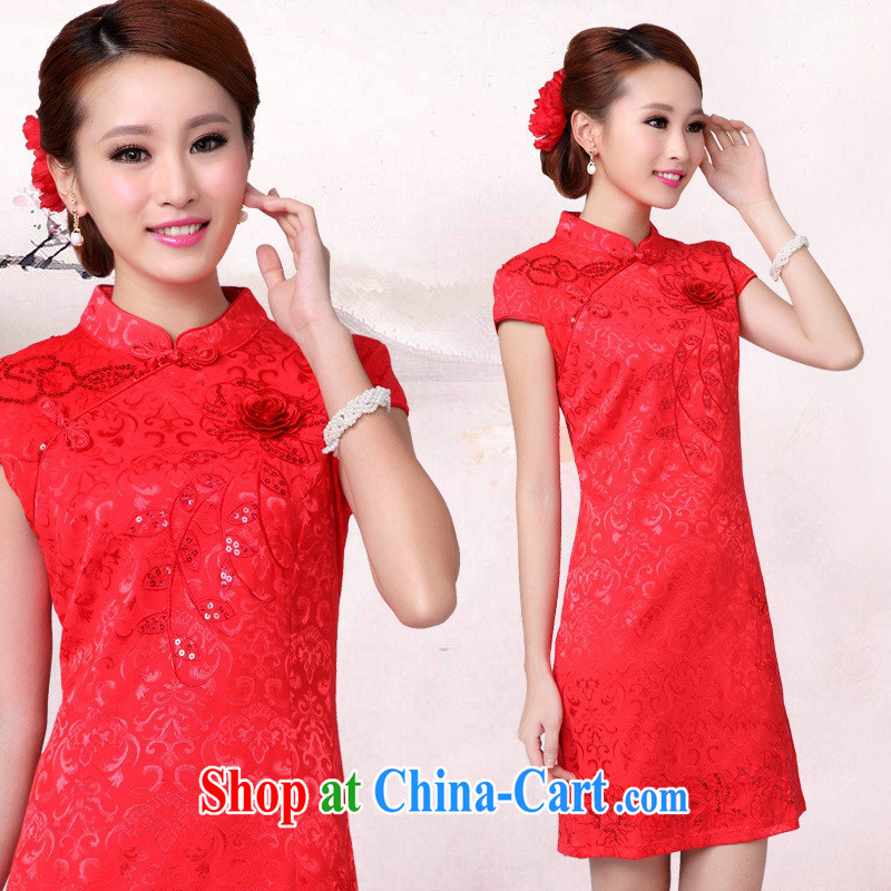 Black butterfly 2015 new summer wear red wedding dress short-sleeved dresses beauty, girls improved cheongsam red XL