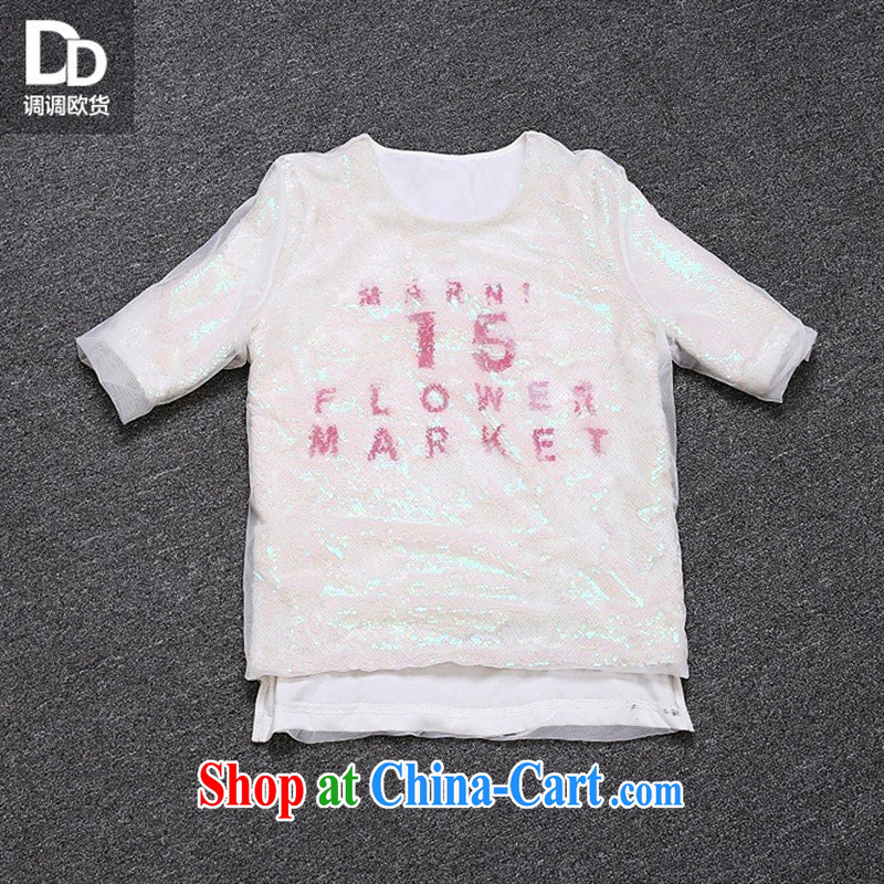 Health concerns women * spring loaded the European site female new T pension Europe style, stitching yarn Web T-shirts cuff female T 3048 pink and white are code, blue rain bow, and, online shopping