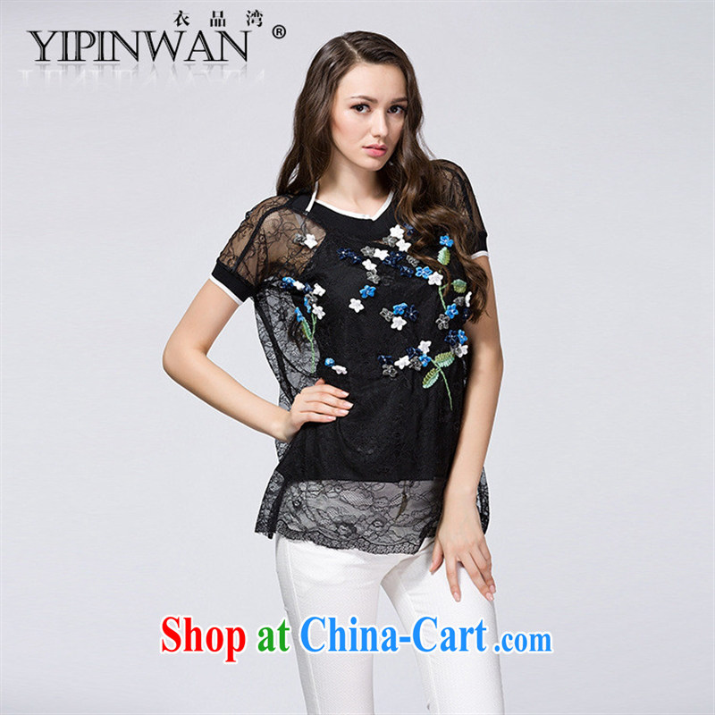 Health concerns women _ Yi, WAN 2015 spring and summer new European and American blouses T-shirt embroidery the flower language empty debris blossoms silk T shirt black XL