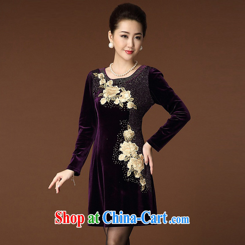 Kingfisher blue Flower Spring 2015, new, middle-aged and older embroidery, wool-skirt the code long-sleeved high middle-aged female Tang inserts drill cheongsam dress purple XXXXXXL, Kingfisher blue Flower (BOLANDUO), online shopping