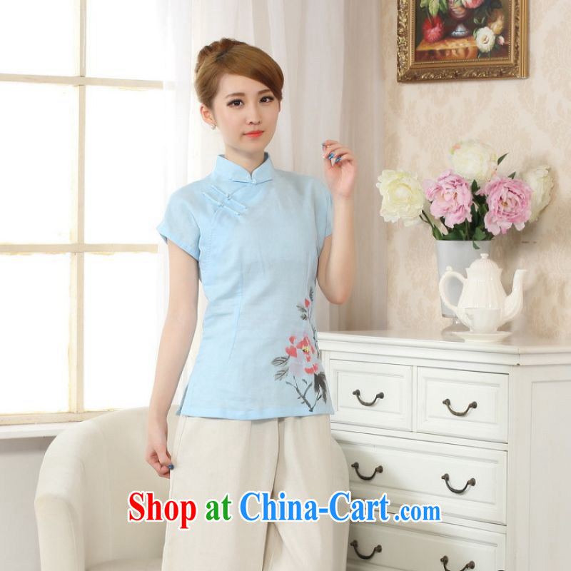 The frequency response, Ms. Tang Women's clothes summer wear T-shirt, cotton for the hand-painted Chinese Han-female improved Tang on short-sleeved - A blue L, the bandwidth, and shopping on the Internet