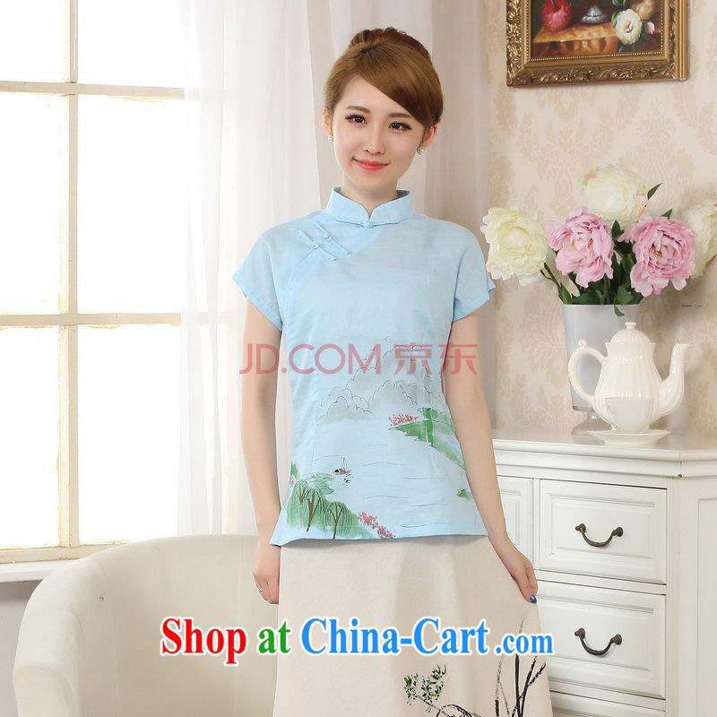 The frequency response, Ms. Tang Women's clothes summer T-shirt, cotton for the hand-painted Chinese Han-female improved Chinese short-sleeve - A blue 2 XL