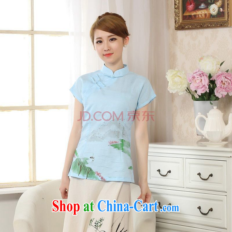 The frequency response, Ms. Tang Women's clothes summer wear T-shirt, cotton for the hand-painted Chinese Han-female improved Tang on short-sleeved - A blue 2 XL, the bandwidth, and shopping on the Internet