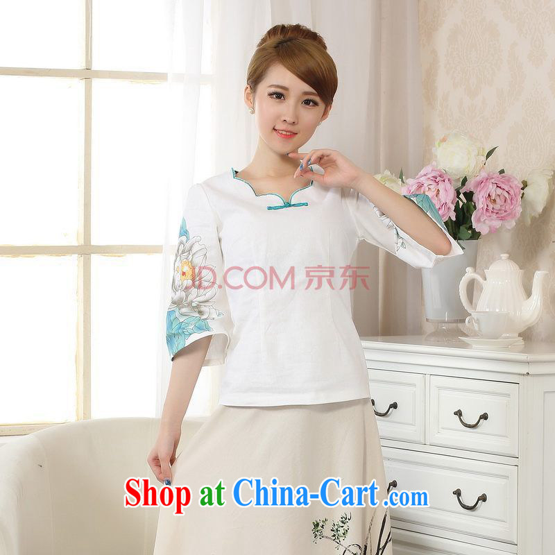 The broadband new hand-painted horn cuff cheongsam shirt linen Chinese Ethnic Wind blouses Tang with improved white 2XL, the bandwidth, and shopping on the Internet