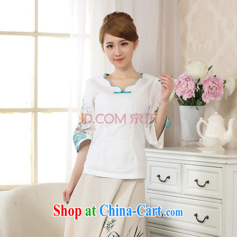 The broadband new hand-painted horn cuff cheongsam shirt linen Chinese Ethnic Wind blouses Tang with improved white 2XL, the bandwidth, and shopping on the Internet