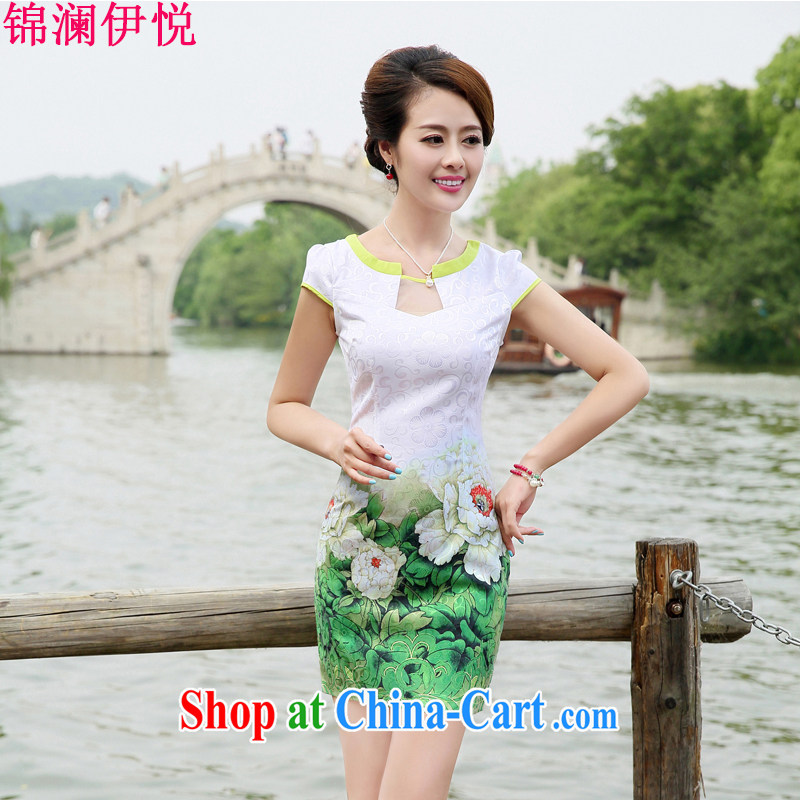 Three-dimensional trim lace collar beauty graphics thin lady fit white Peony stamp short skirts show clothes wedding dress dresses T-shirt dresses green Peony flower M