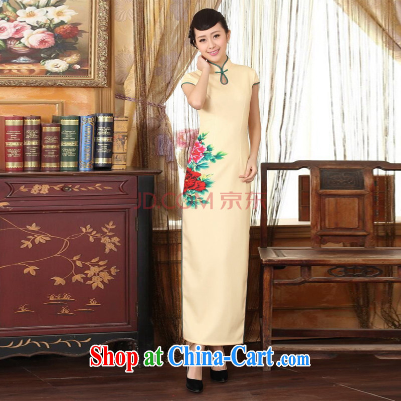 The broadband outfit, Ms. Tang national color day Hong Kong cheongsam dress beauty graphics thin elegance dresses, long dresses yellow 2XL, the bandwidth, and on-line shopping