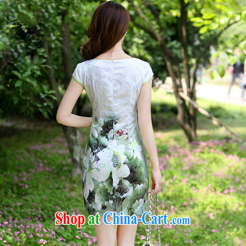 Xin, Ms Elsie Leung, Jacob Hyatt 2015 female new Ethnic Wind tang on short-sleeved Chinese stamp ink retro beauty style graphics thin package and cheongsam dress Green lotus XL, Xin poetry Joyinn (XINSRV), online shopping