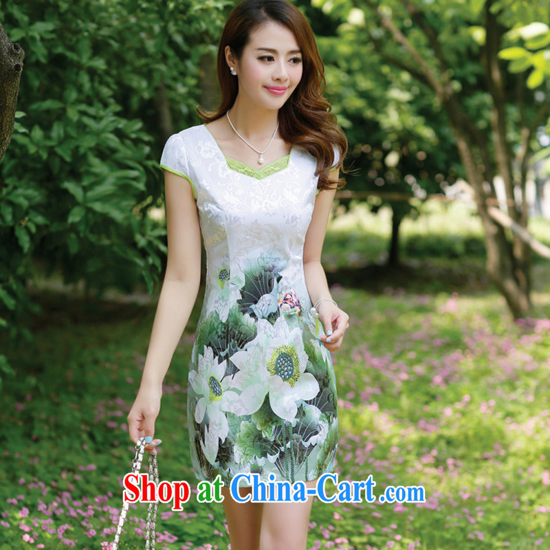 2015 female new Ethnic Wind Chinese half sleeve Chinese stamp ink retro beauty charm graphics thin package and cheongsam dress Lotus green XL