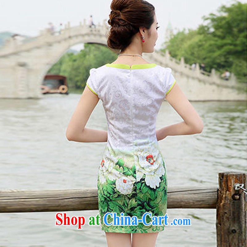 Yi's 2015 country girl with new Ethnic Wind Chinese Chinese stamp ink retro beauty style graphics thin package and cheongsam dress green peony flower L clothing, the Kingdom (BenC &PC), online shopping