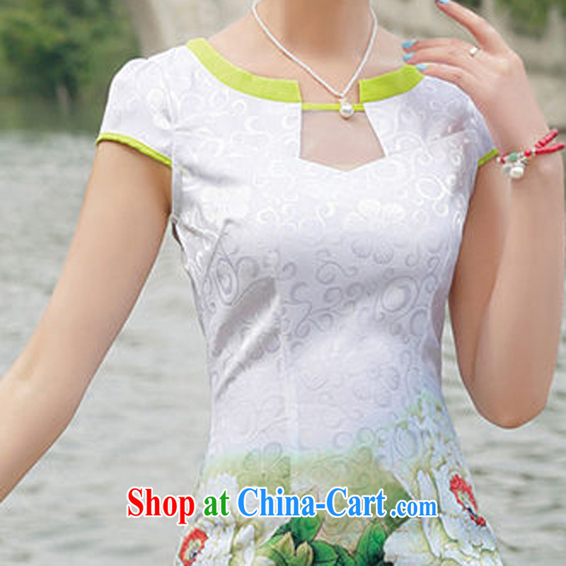 Yi's 2015 country girl with new Ethnic Wind Chinese Chinese stamp ink retro beauty style graphics thin package and cheongsam dress green peony flower L clothing, the Kingdom (BenC &PC), online shopping
