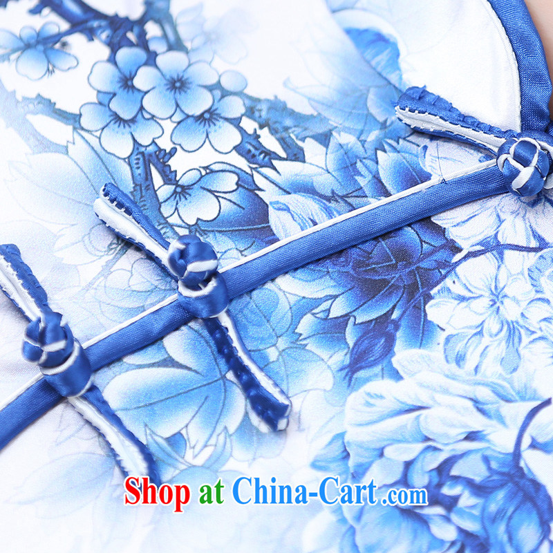 2015 spring and summer new upscale heavy Silk Cheongsam sauna silk retro Double Long high on the truck cheongsam dress 1535 blue and white porcelain XXL, Xin Wei, and shopping on the Internet