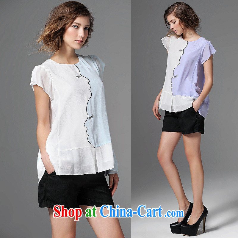 Health concerns women _ 2015 European site spring female new style two-sided American Cutability knocked color round-collar fly cuff silk girls T-shirt light blue L