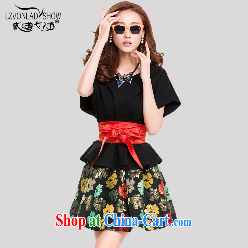 Ya-ting store spring female Korean fashion style graphics thin floral skirt short-sleeve two-piece dress with dark blue L, blue rain bow, and, shopping on the Internet