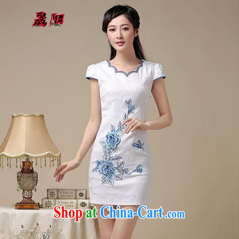 Koo Dae-sung Yang 2015 summer new Korean Beauty does not rule the collar embroidered short sleeve retro style women's clothing cheongsam dress Blue on white flower S, Sung-yang (shengyang), online shopping